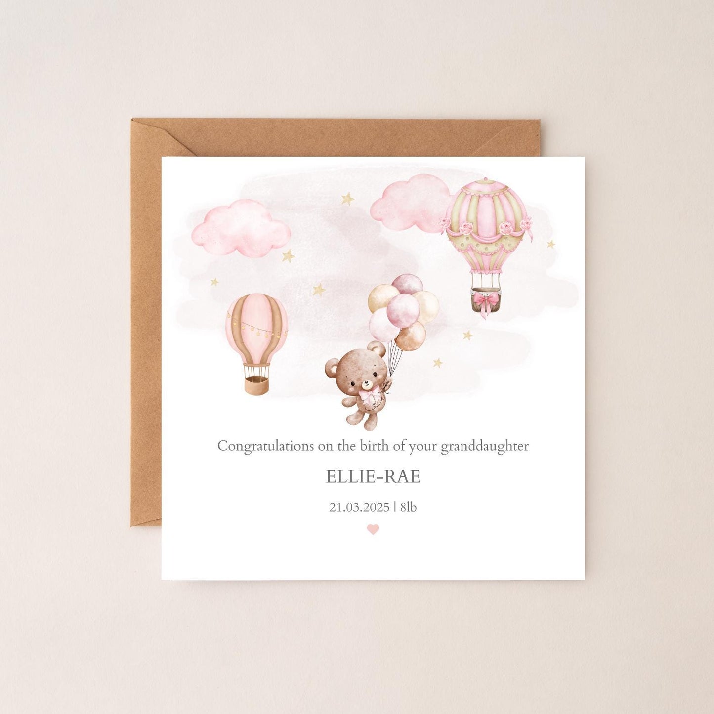 Personalised New Baby Bear Card: Pink or Blue, Any Relation