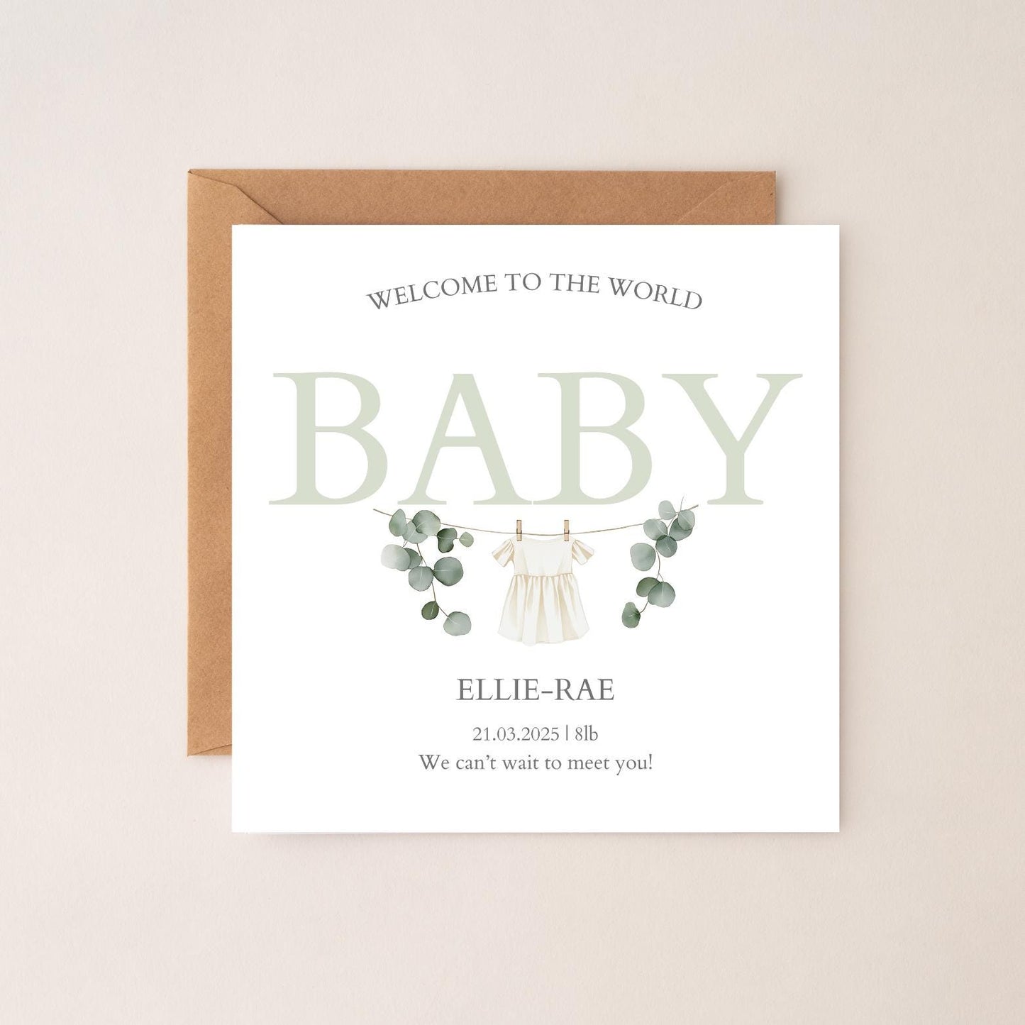 Personalised New Baby Card: Sage Green Welcome Card for Boy or Girl