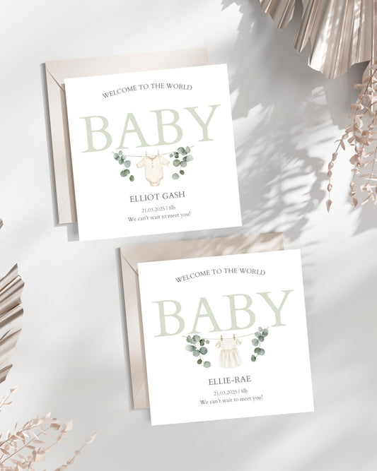 Personalised New Baby Card: Sage Green Welcome Card for Boy or Girl