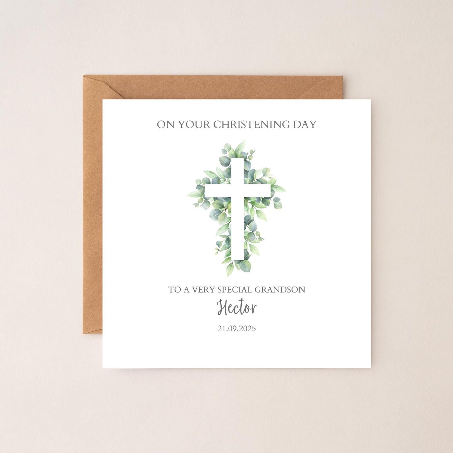 Personalised Godson Christening Card, Baptism Greenery Cross Card, Christening card for Boy or Girl Grandson, Son