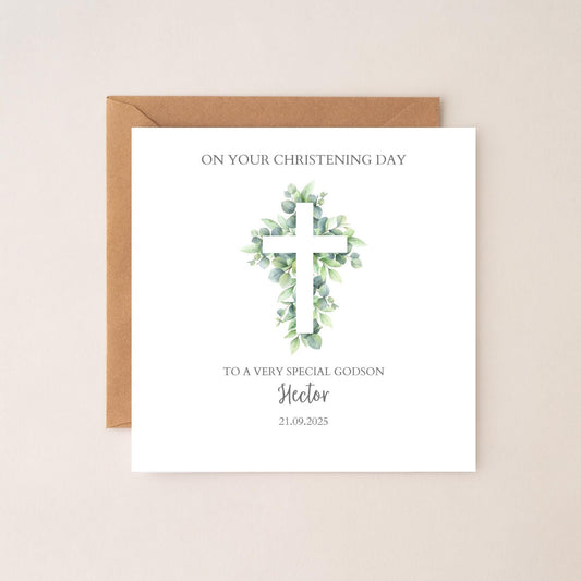Personalised Godson Christening Card, Baptism Greenery Cross Card, Christening card for Boy or Girl Grandson, Son