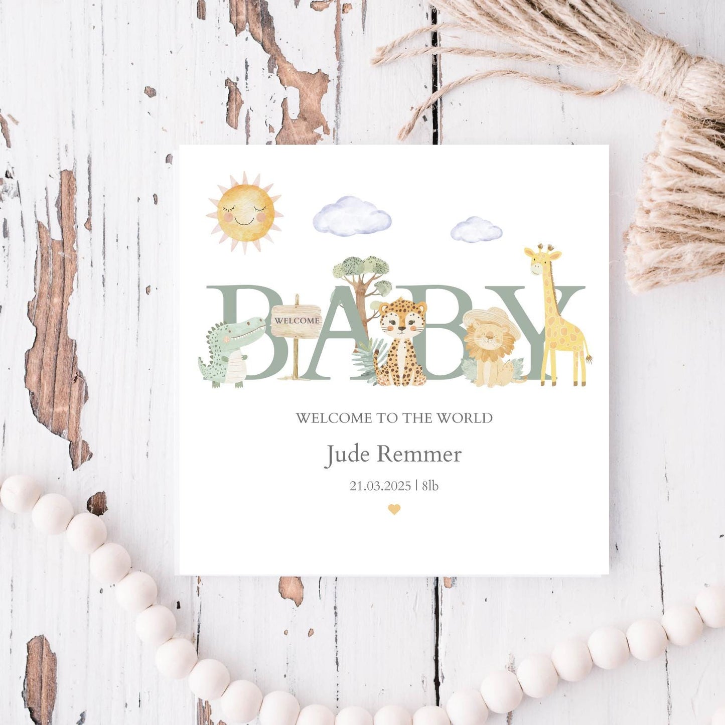 Personalised Safari New Baby Card: Welcome to the World