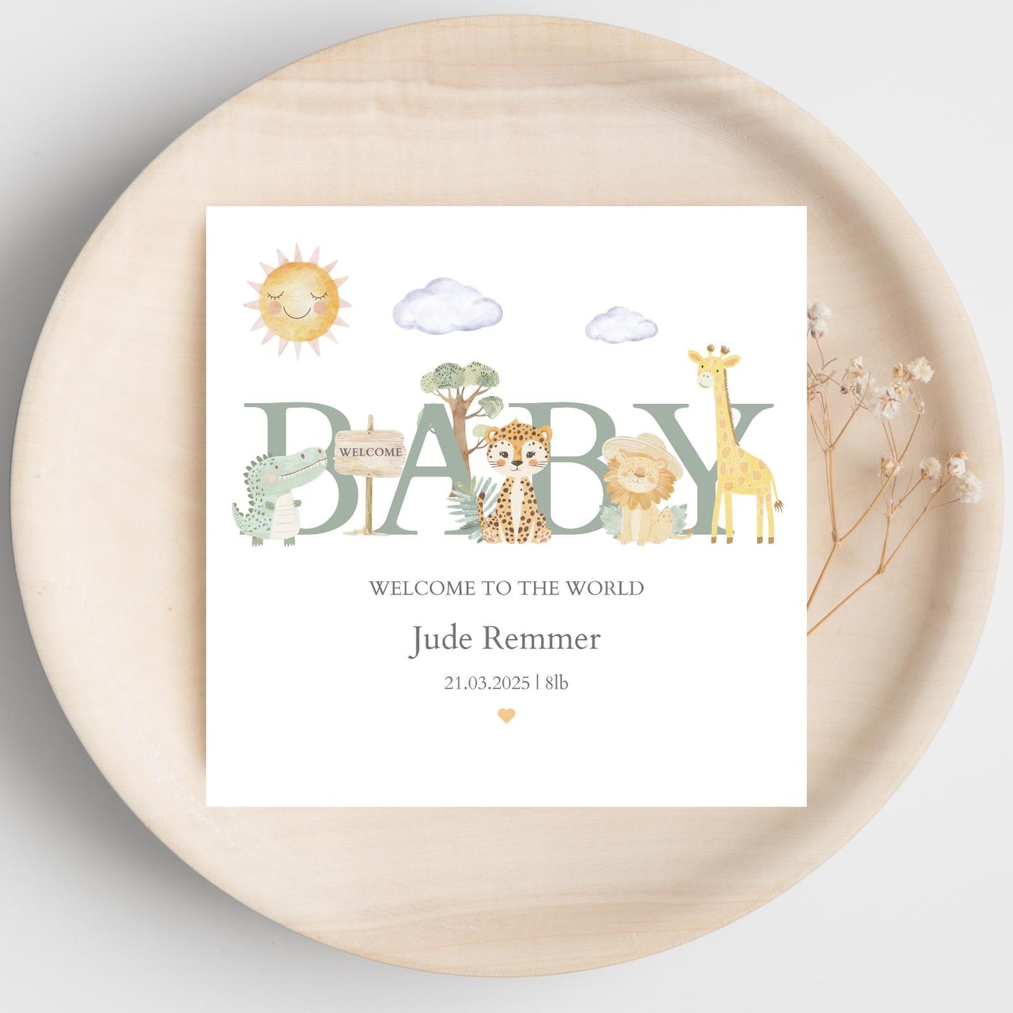 Personalised Safari New Baby Card: Welcome to the World