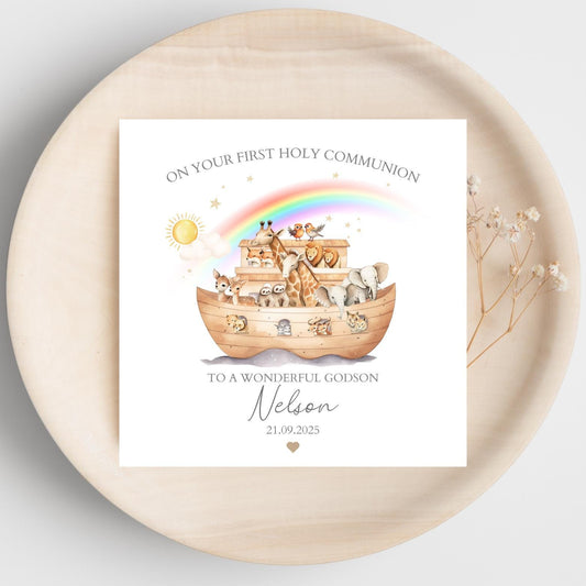 Personalised Holy Communion Card Noah's Ark, 1st Holy Communion Card For Godson, Goddaughter, Any Relation. Animal Ark Card