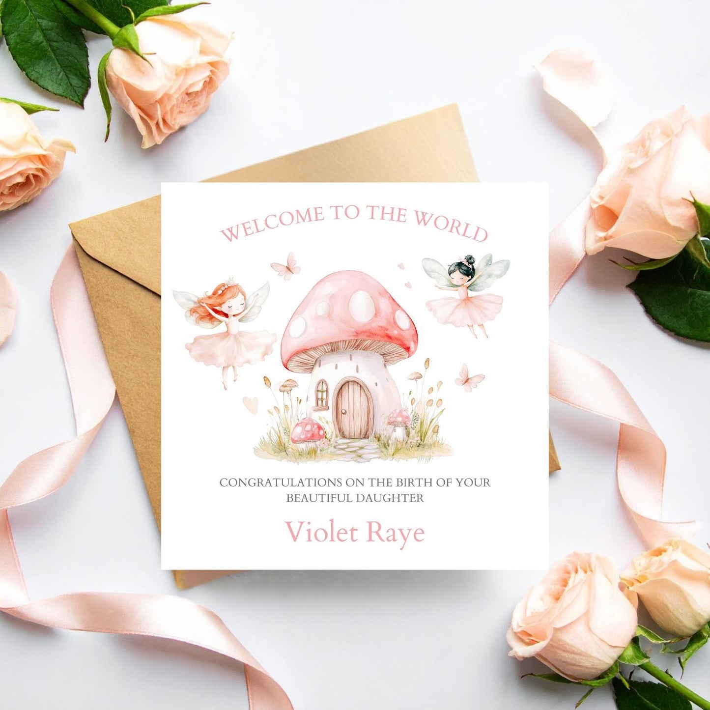Personalised New Baby Fairy Card, Welcome to the world baby card | Personalised Baby Pink Greeting Card,Magical Baby Card