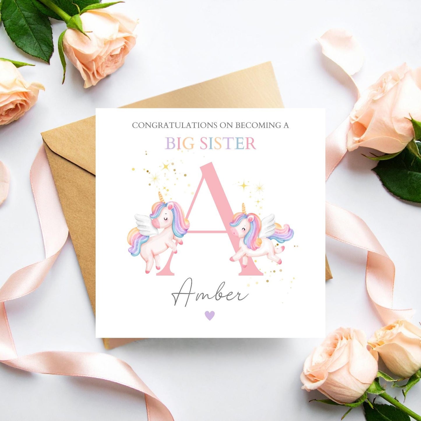 Personalised Big Sister Card, Personalised Big Sister Unicorn Girl Card l Promoted to Big Sister Card |Child Initial Card, Unicorn Card