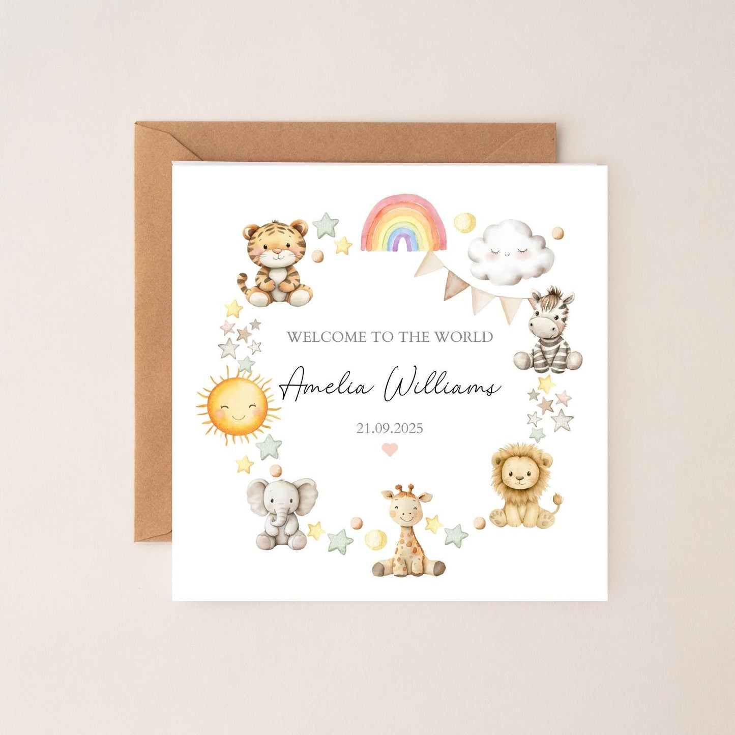 Personalised Animals New Baby Card, Personalised New Baby Girl or Boy Card , Animal Wreath Design, Card for Son, Grandson, Granddaughter