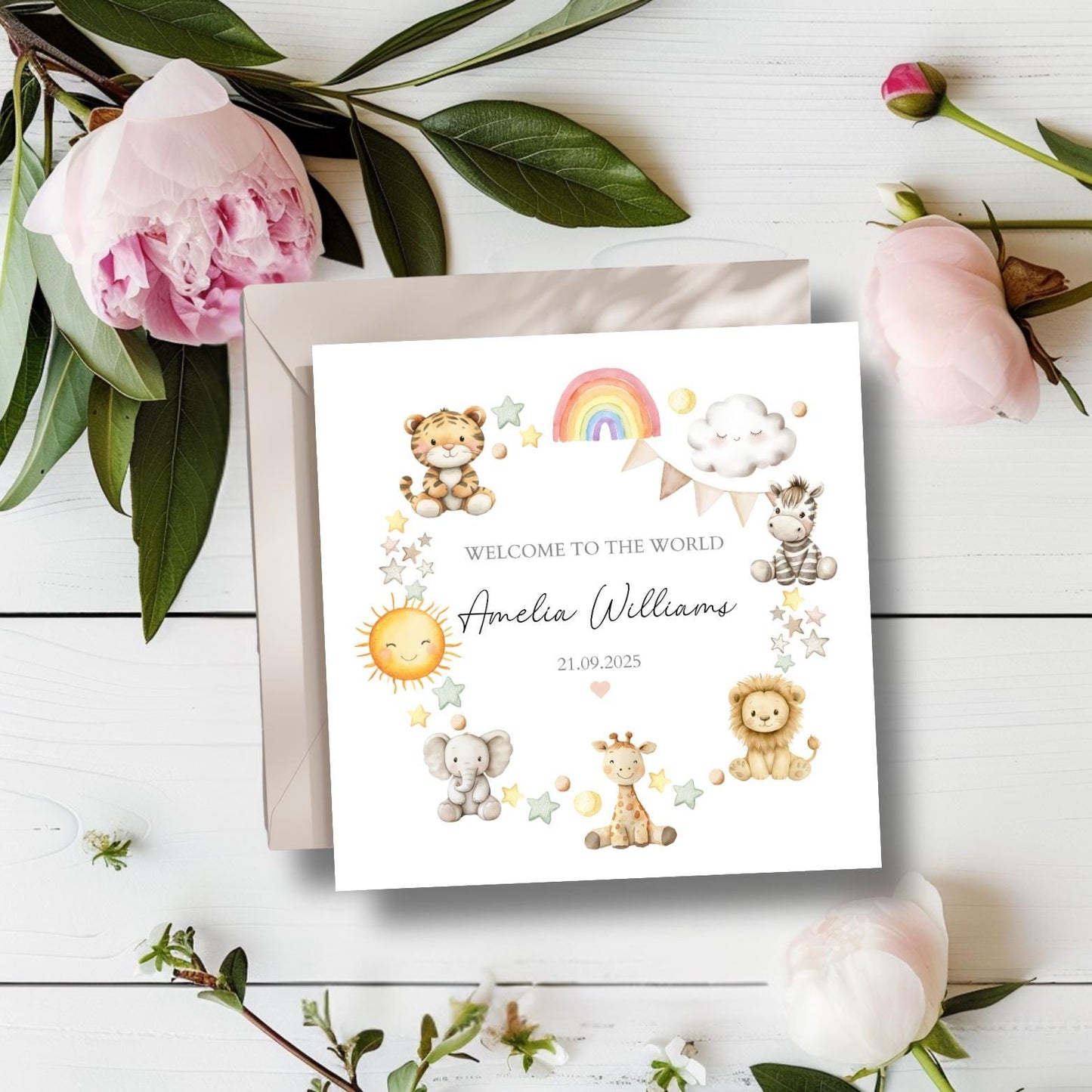 Personalised Animals New Baby Card, Personalised New Baby Girl or Boy Card , Animal Wreath Design, Card for Son, Grandson, Granddaughter