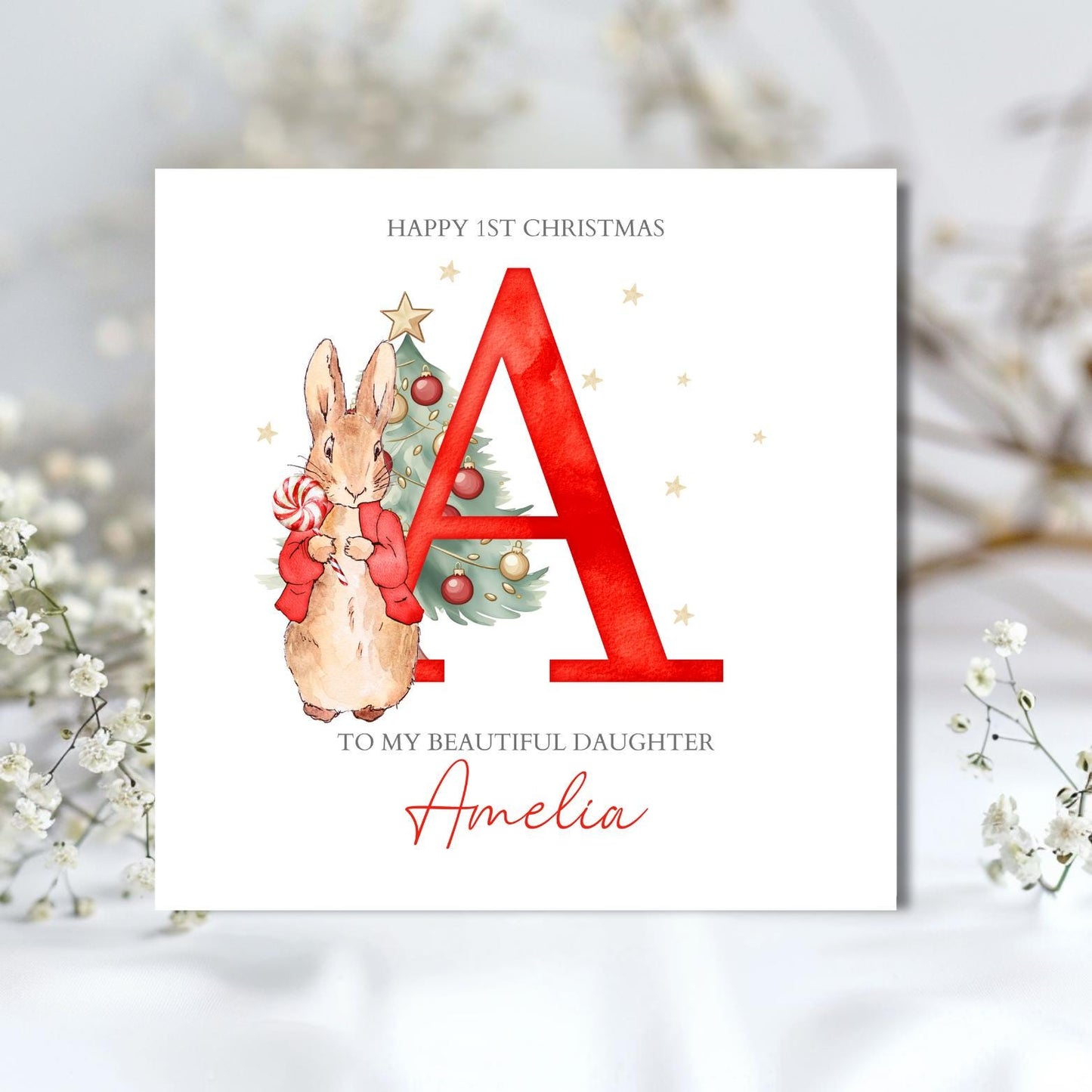 Personalised Bunny Rabbit Christmas Card, First Christmas Card,Name Initial Card, Bunny Rabbit Card for Daughter, Granddaughter Any Relation