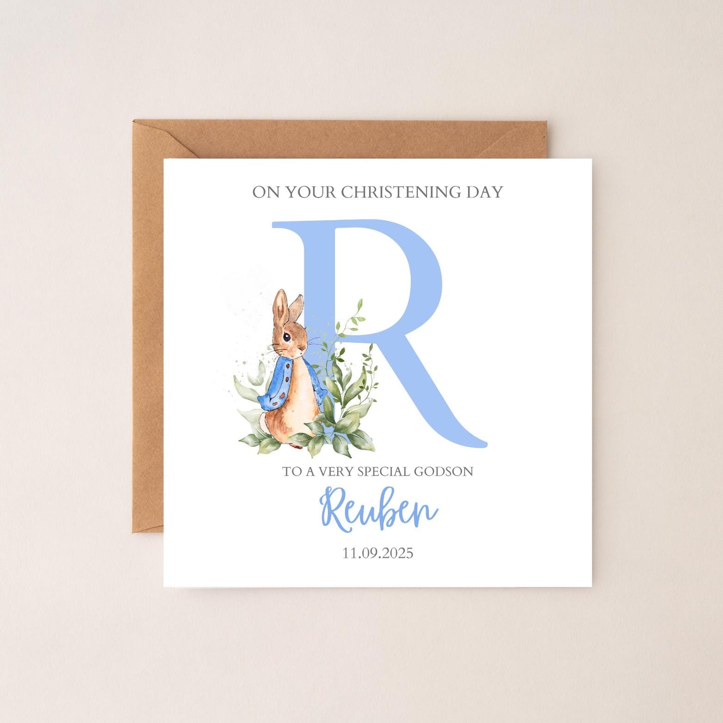 Personalised Rabbit Flopsy Bunny Christening Card, Baptism Card Boy or Girl, Baby Baptism Card for Godson, Goddaughter, Any relation