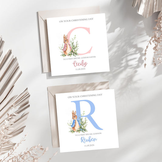 Personalised Rabbit Flopsy Bunny Christening Card, Baptism Card Boy or Girl, Baby Baptism Card for Godson, Goddaughter, Any relation