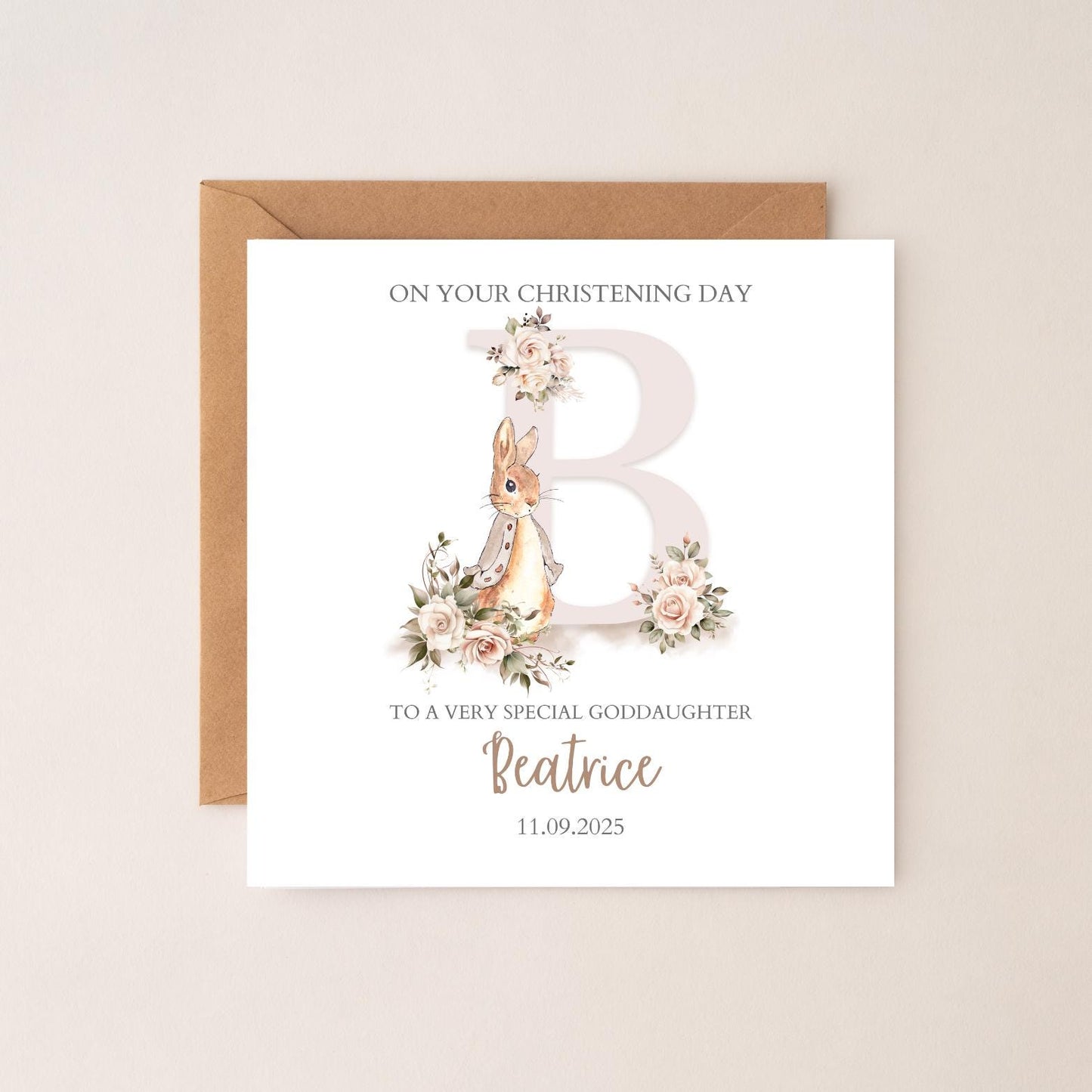 Personalised Rabbit Flopsy Bunny Christening Card, Baptism Card for Girl, Neutral Colour, Baby Baptism Card for Goddaughter, Any relation