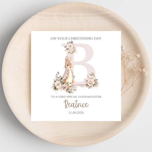 Personalised Rabbit Flopsy Bunny Christening Card, Baptism Card for Girl, Neutral Colour, Baby Baptism Card for Goddaughter, Any relation