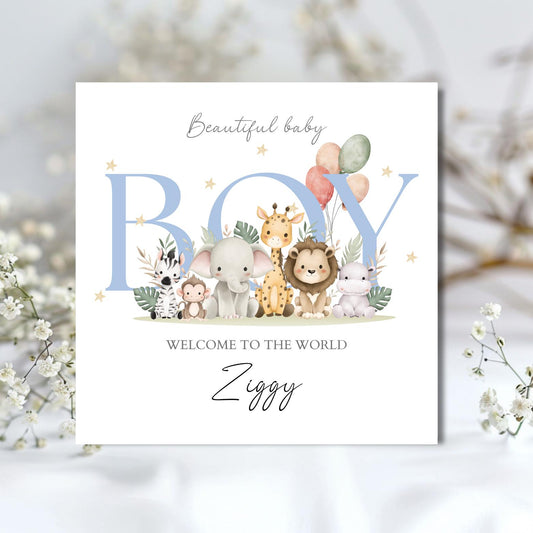 Personalised New Baby Boy Card, Safari Jungle Animals Baby Card, Welcome to the World Baby Card, Baby Card for Him, Animals Baby Card