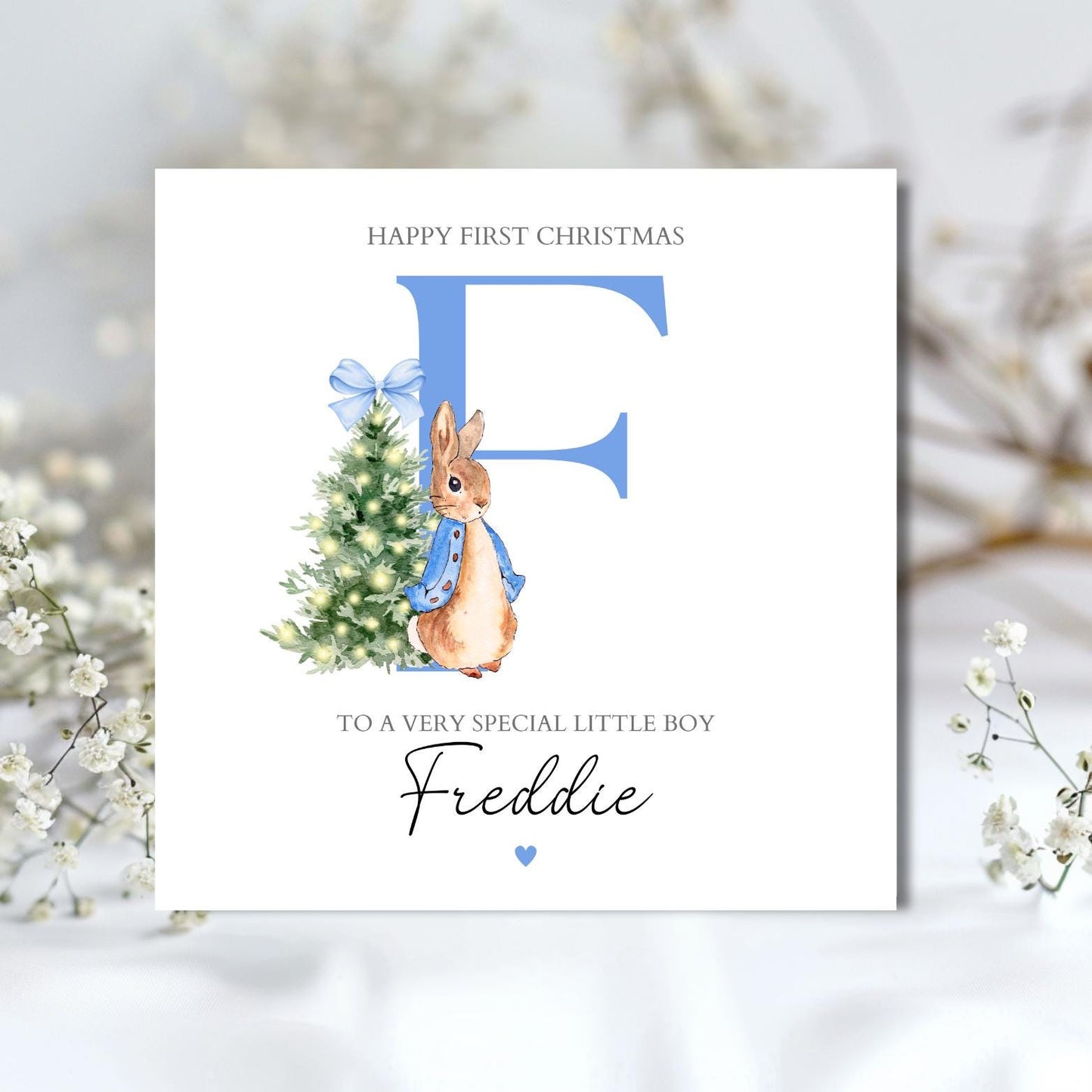 Personalised Peter Rabbit Christmas Card, 1st Christmas Card, Name Initial Card, Peter Rabbit Card for Daughter, Granddaughter Any Relation