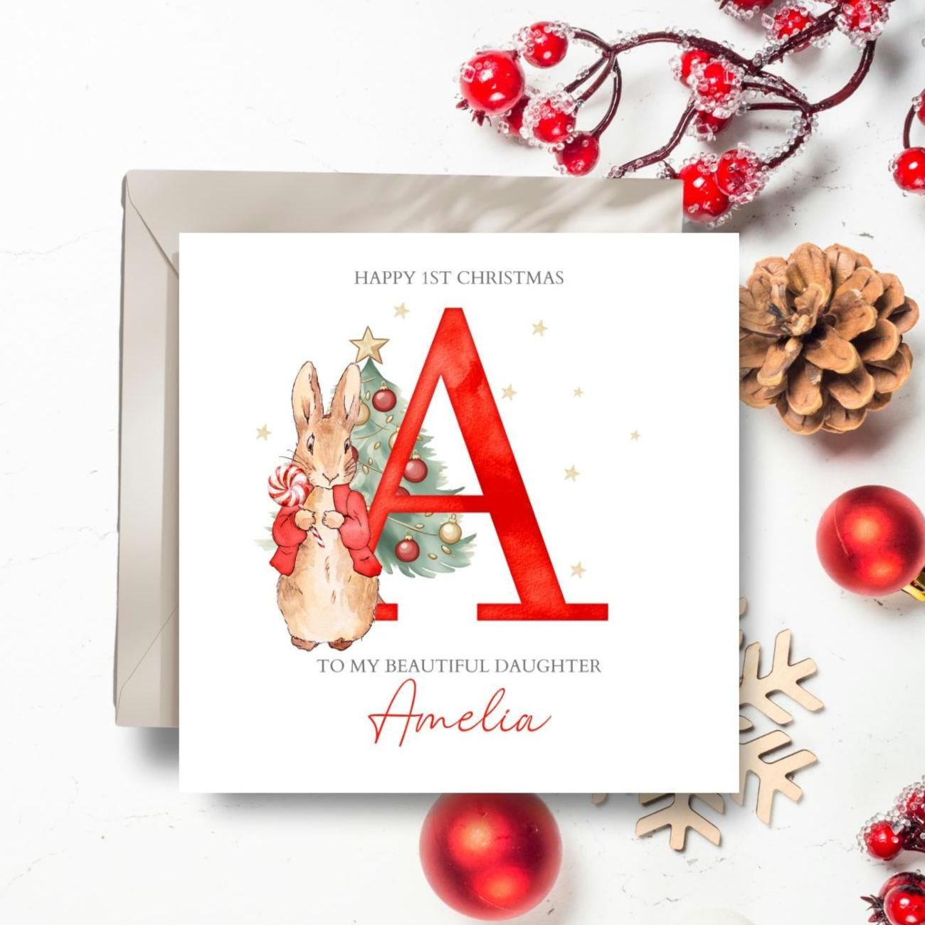 Personalised Bunny Rabbit Christmas Card, First Christmas Card,Name Initial Card, Bunny Rabbit Card for Daughter, Granddaughter Any Relation