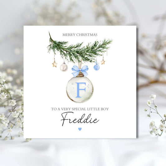 Personalised Christmas Card For Boy, 1st Christmas Card, Name Initial Card, Bauble Initial Card for Son , Grandson, Nephew, Any Relation