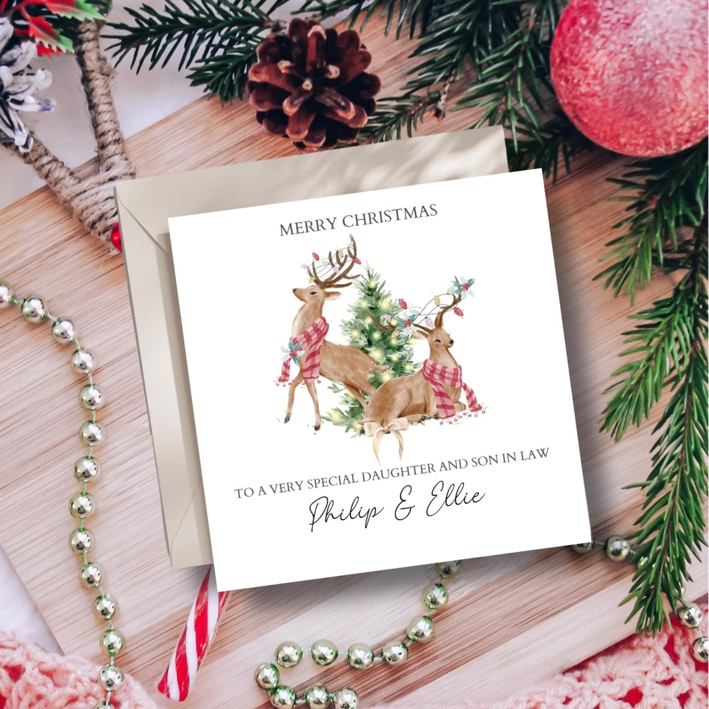 Personalised Daughter and Son In Law Christmas Card, In Laws Reindeer Christmas Card, Xmas Card Daughter, Son, In Law's Any Relation