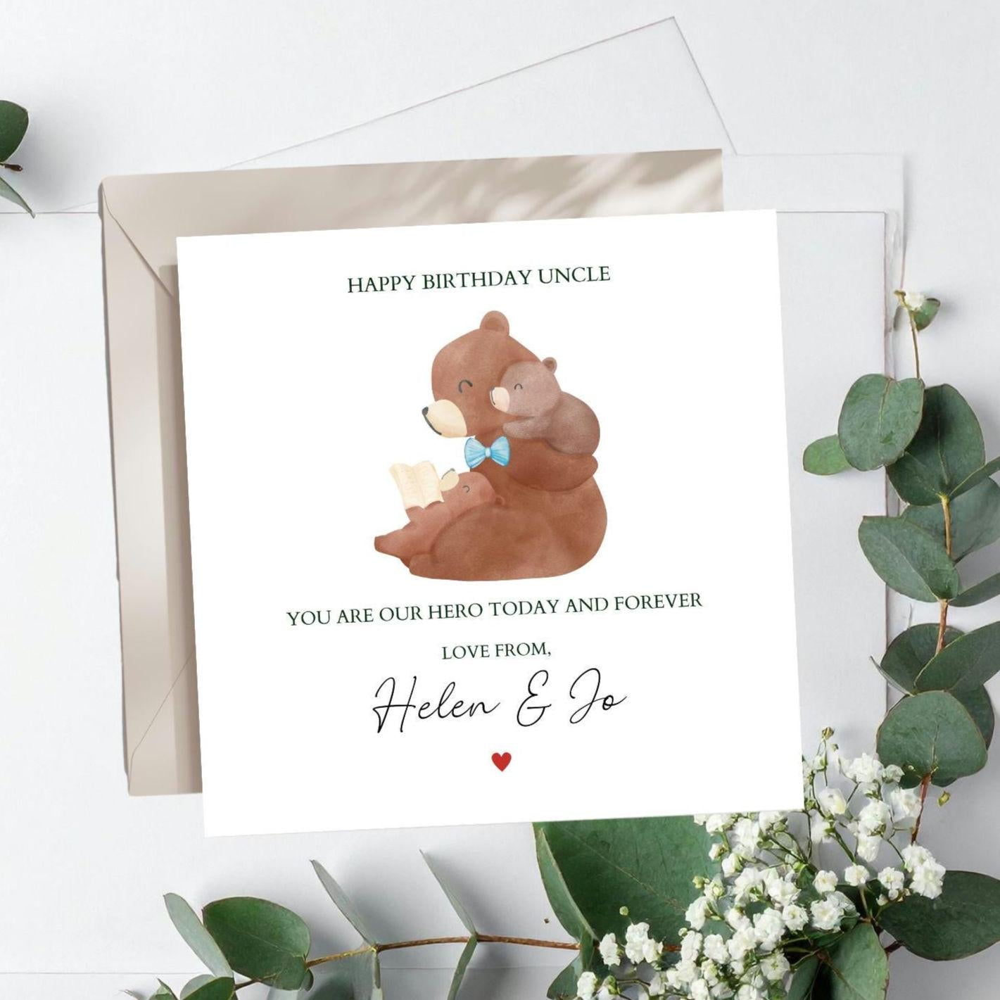 Personalised Uncle Birthday Bear Card -Bear Uncle Card -Best Uncle Card- Birthday Card for him,Any Relation. Two Children
