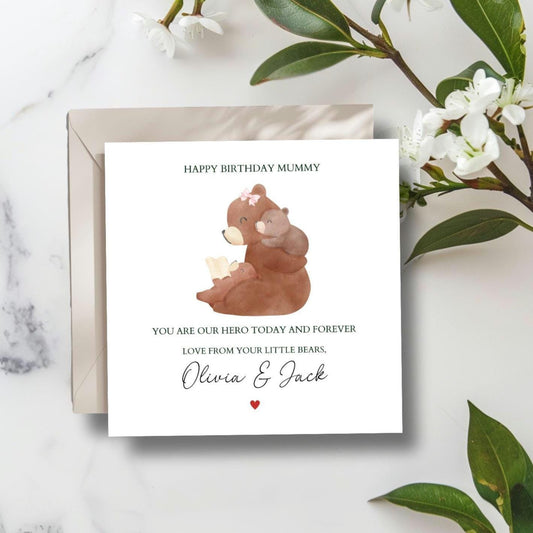 Personalised Mummy Birthday Bear Card -Bear Mom Card -Best Mum Card- Birthday Card for her Mother, Grandmother, Any Relation. Two Children