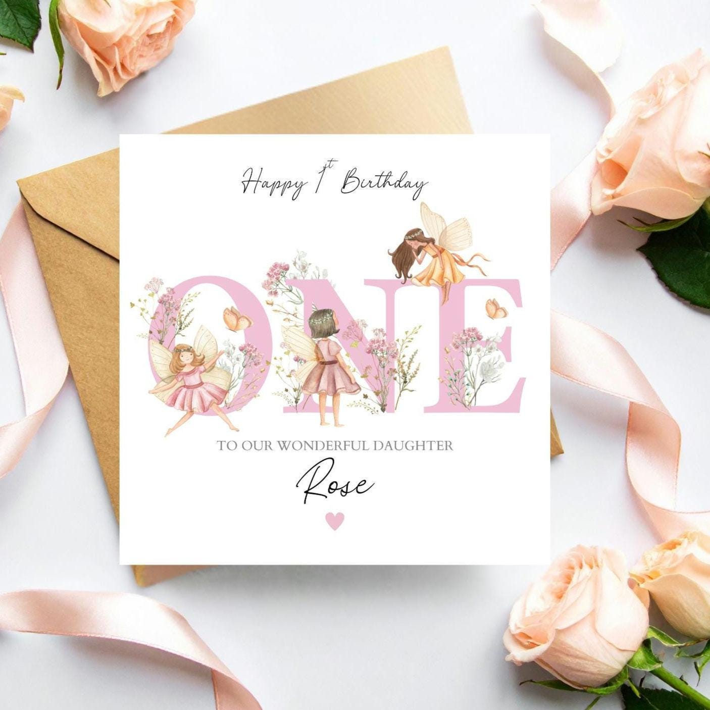Personalised First Birthday Fairy Card |One birthday Magic Pink card |1st Birthday Card for Girl, Granddaughter, Daughter, Any Relation