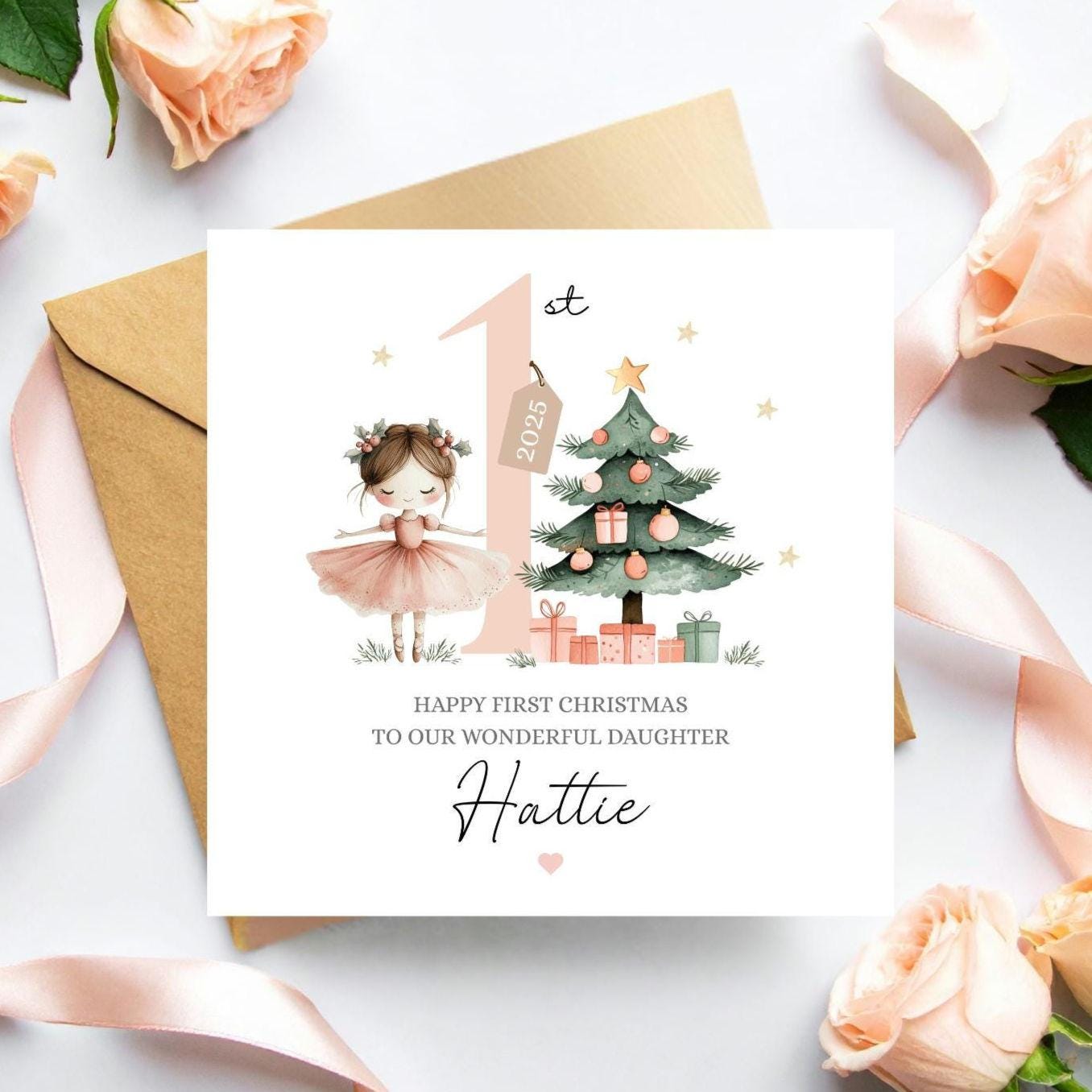 Personalised First Christmas Pink Ballerina Card| 1st Christmas Card for girl, Daughter xmas Card |Granddaughter Ballerina Christmas Card