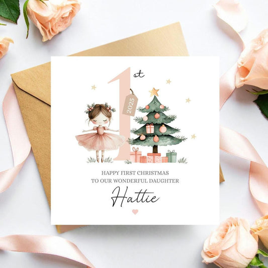 Personalised First Christmas Pink Ballerina Card| 1st Christmas Card for girl, Daughter xmas Card |Granddaughter Ballerina Christmas Card