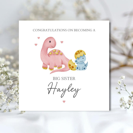 Personalised Big Sister Card - Dinosaur Big Sister Card For Daughter - Promoted to Big Sister- Dino Big Brother Card for Granddaughter,Niece