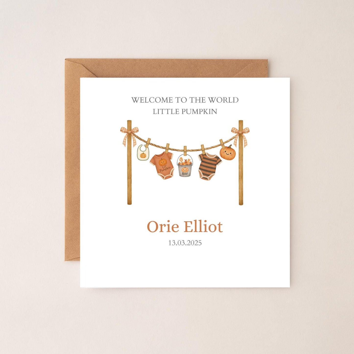 Personalised Autumn New Baby Card| Halloween Welcome to the world card | Little Pumpkin Card for granddaughter Any Relation