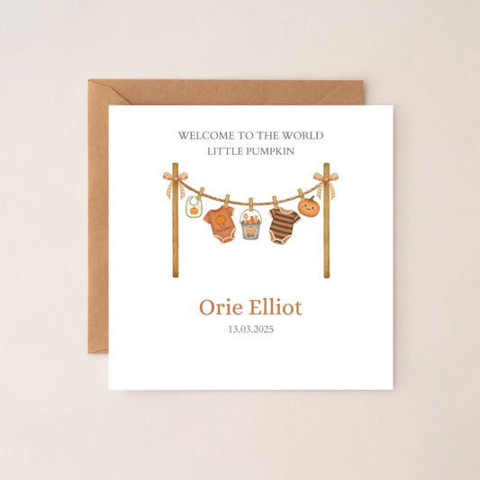 Personalised Autumn New Baby Card| Halloween Welcome to the world card | Little Pumpkin Card for granddaughter Any Relation