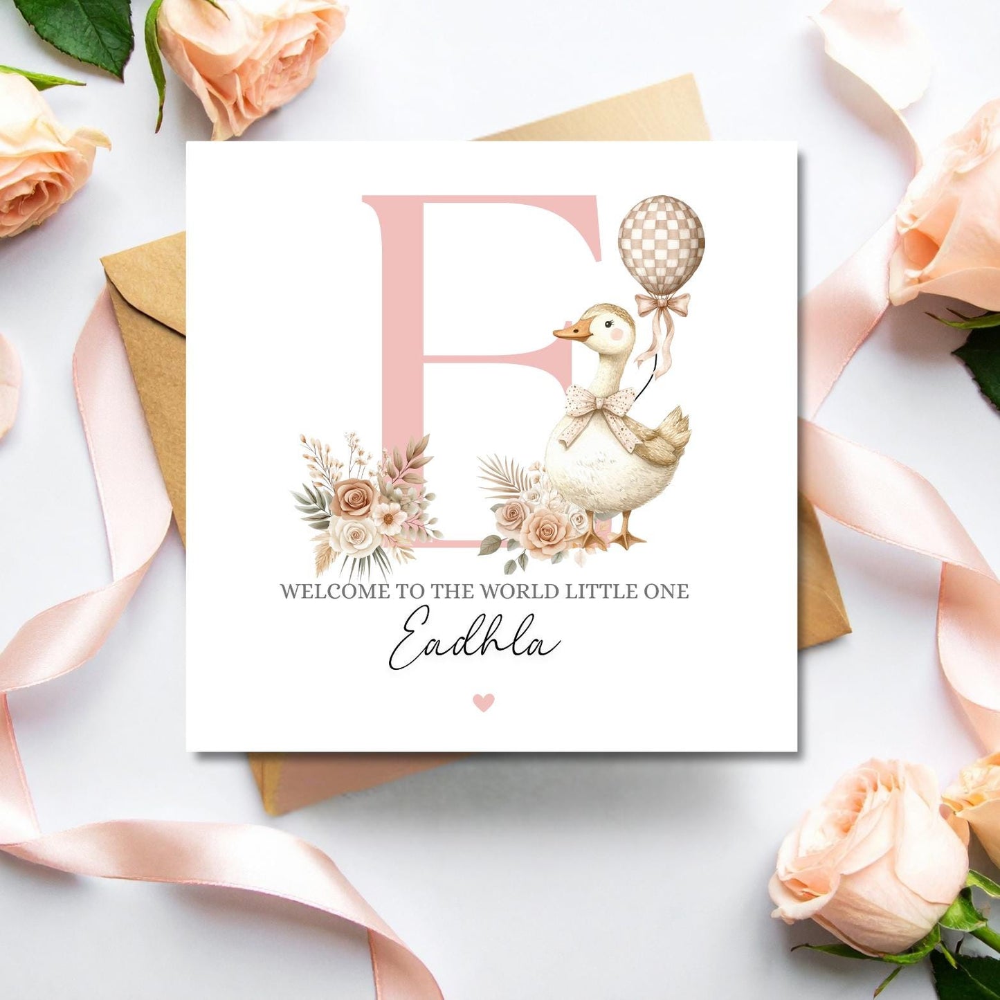 Personalised New Baby Baby Card Silly Goose, Welcome to the World Pink Silly Goose Card- Personalised Newborn Card
