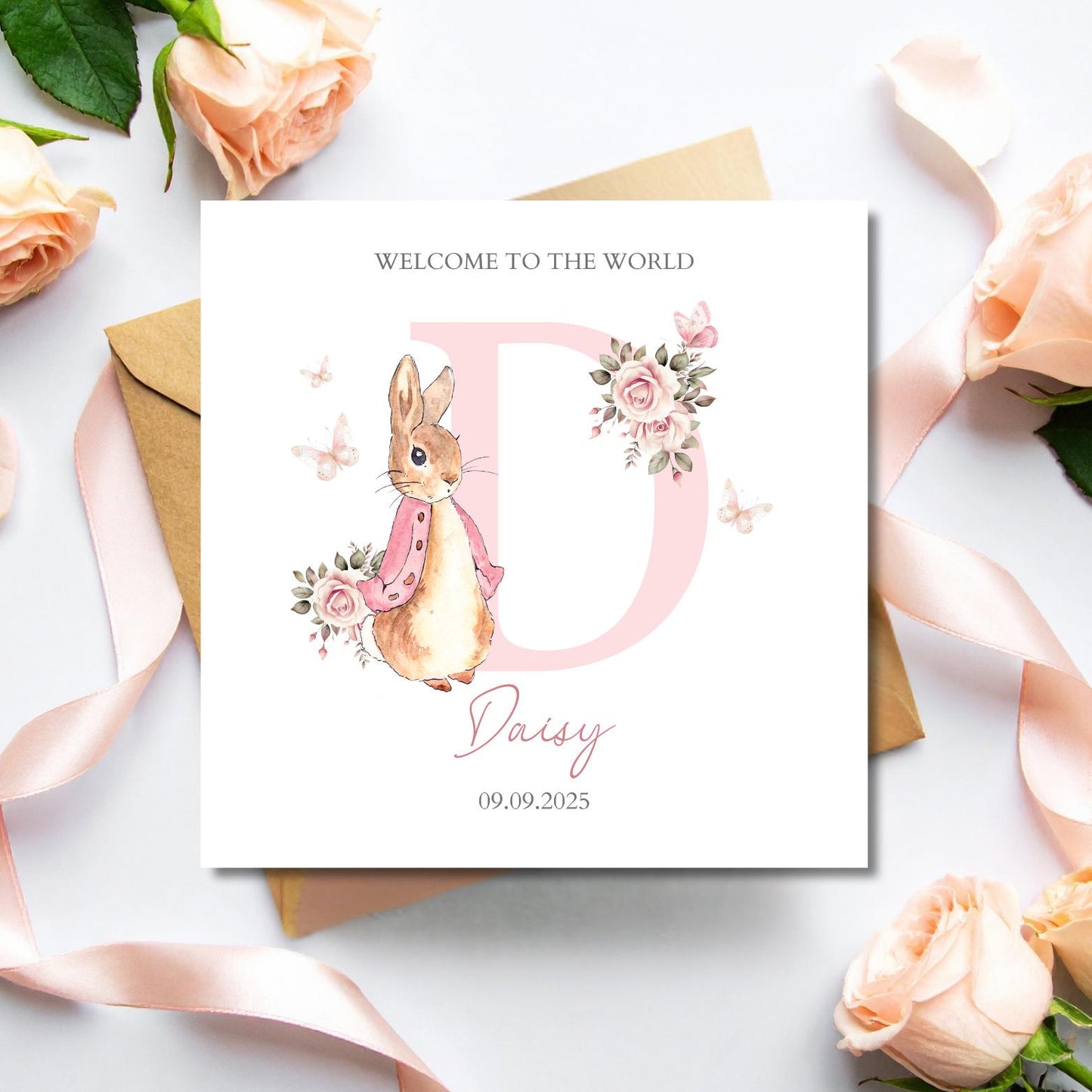 Personalised Flopsy Bunny Rabbit New Baby Card, Personalised New Baby Girl Greeting Card ,Baby's Name Initial Card, Bunny Rabbit Card