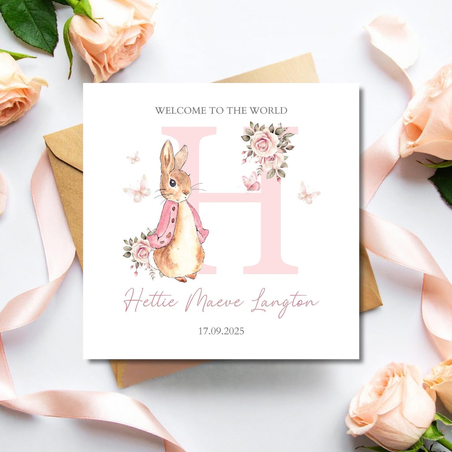 Personalised Flopsy Bunny Rabbit New Baby Card, Personalised New Baby Girl Greeting Card ,Baby's Name Initial Card, Bunny Rabbit Card