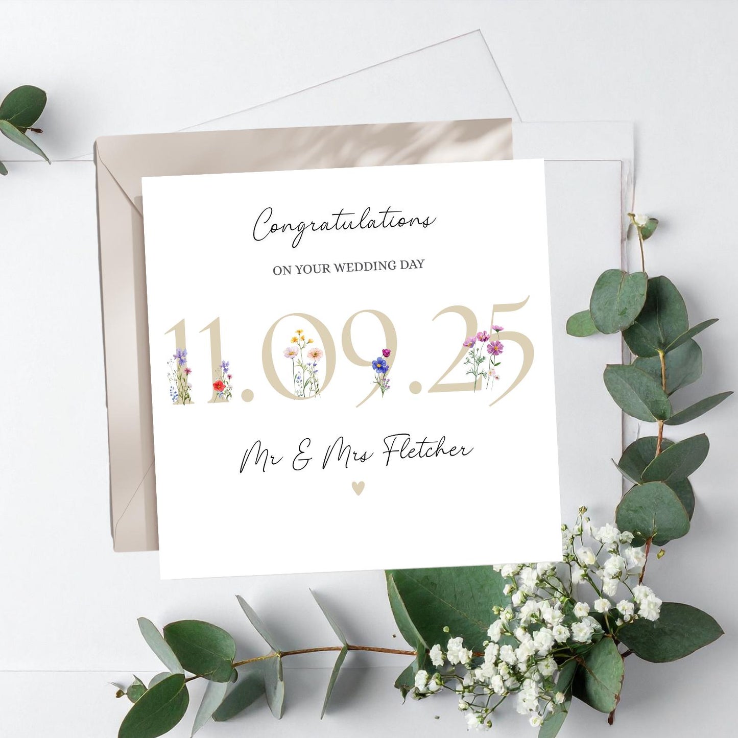 Personalised Mr & Mrs Wedding Card, To the New Mr and Mrs Card, Wedding Floral Date Card, Neutral Wedding Card