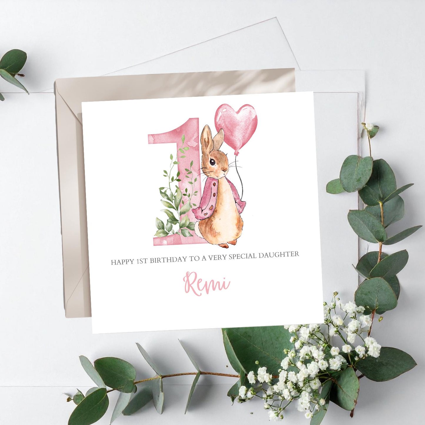 Personalised Flopsy Bunny Rabbit Birthday Card, Peter Rabbit 1st Birthday Card for Boy or Girl,Name Initial Card for Daughter, Any Relation