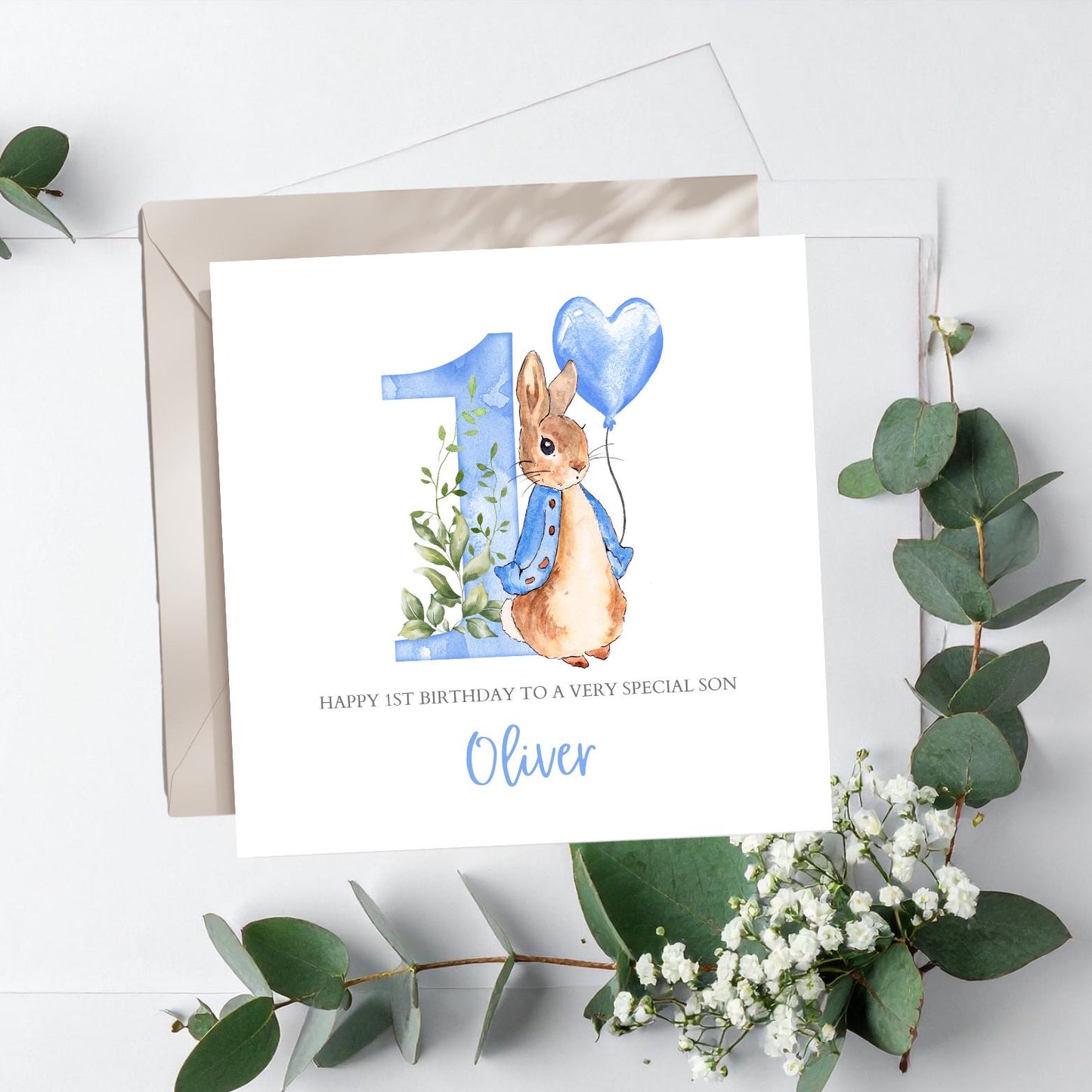Personalised Flopsy Bunny Rabbit Birthday Card, Peter Rabbit 1st Birthday Card for Boy or Girl,Name Initial Card for Daughter, Any Relation