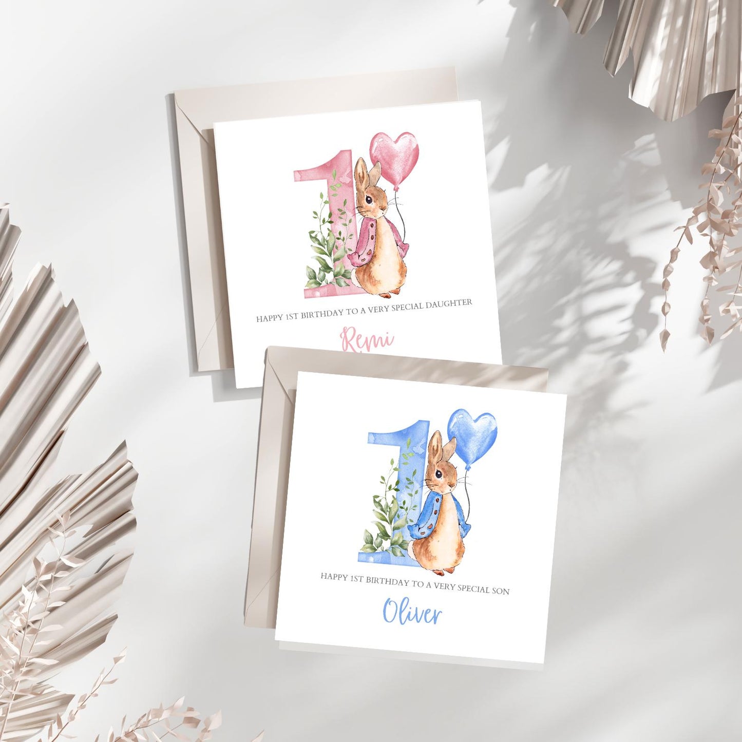 Personalised Flopsy Bunny Rabbit Birthday Card, Peter Rabbit 1st Birthday Card for Boy or Girl,Name Initial Card for Daughter, Any Relation