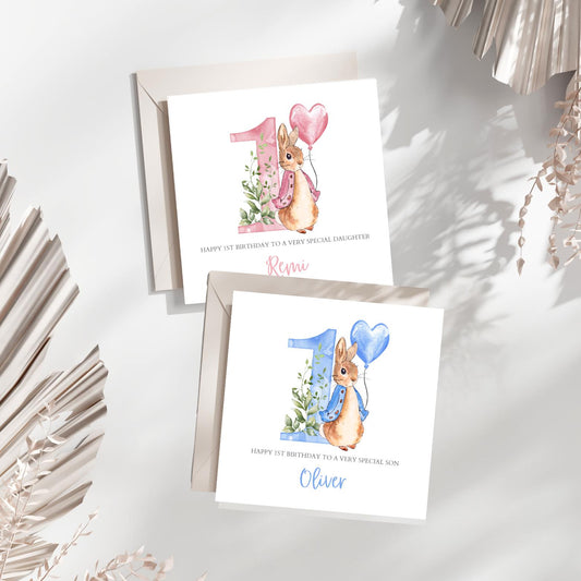 Personalised Flopsy Bunny Rabbit Birthday Card, Peter Rabbit 1st Birthday Card for Boy or Girl,Name Initial Card for Daughter, Any Relation