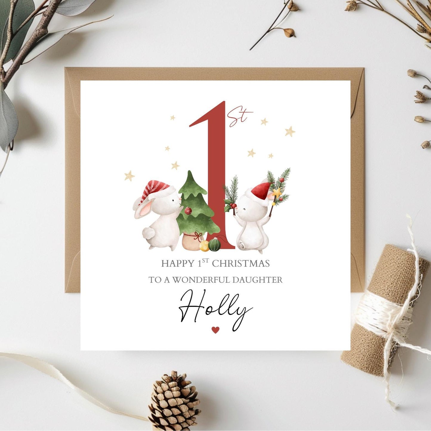 Personalised First Christmas Card|1st Bunny Christmas Card for Girl and Boy|2025 Christmas Card | Christmas Card for Daughter, Son, Niece