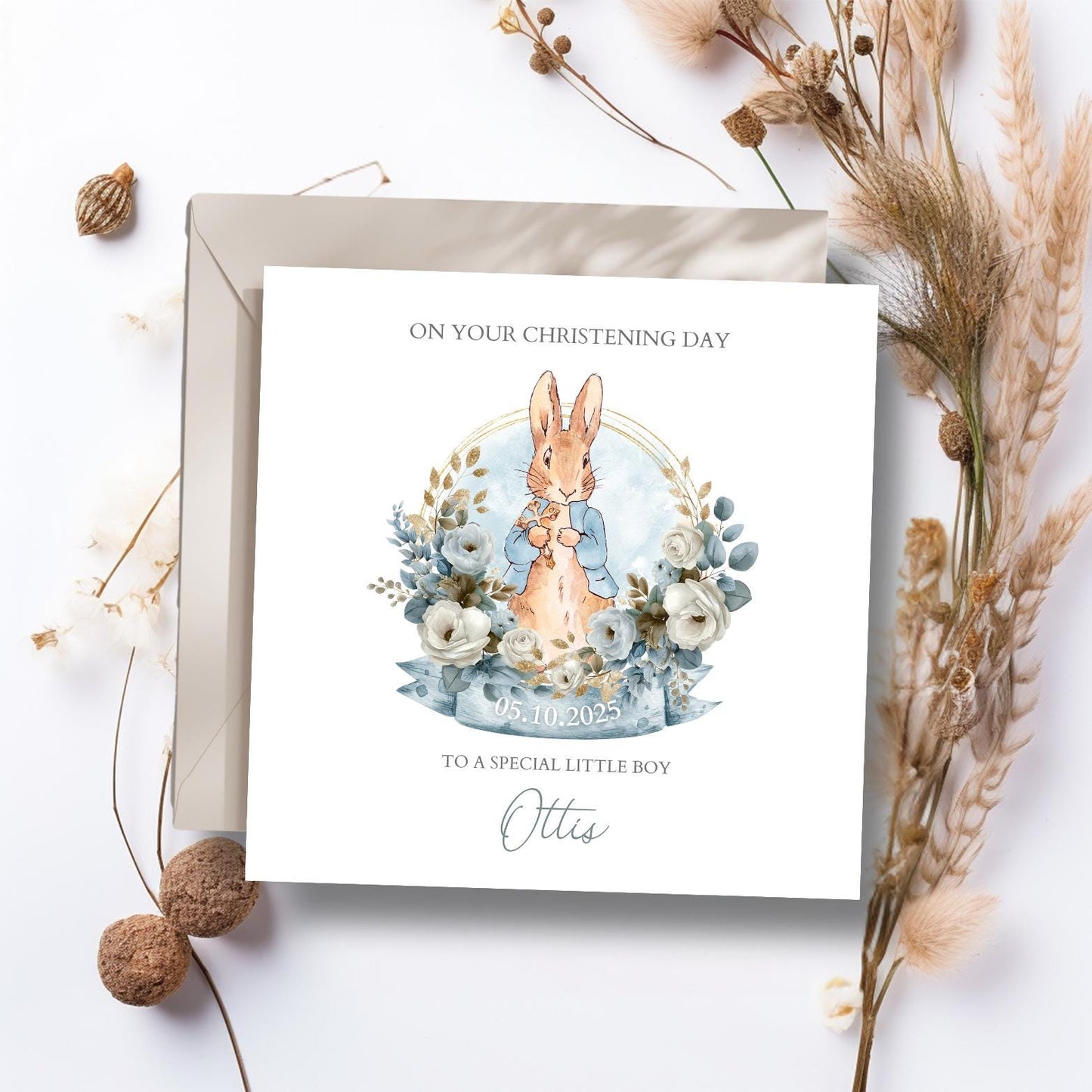 Personalised Peter Rabbit Flopsy Bunny Boy Christening Card, Baptism Card,Personalised Baby Boy Baptism Card, Peter Rabbit Card Godson. Son
