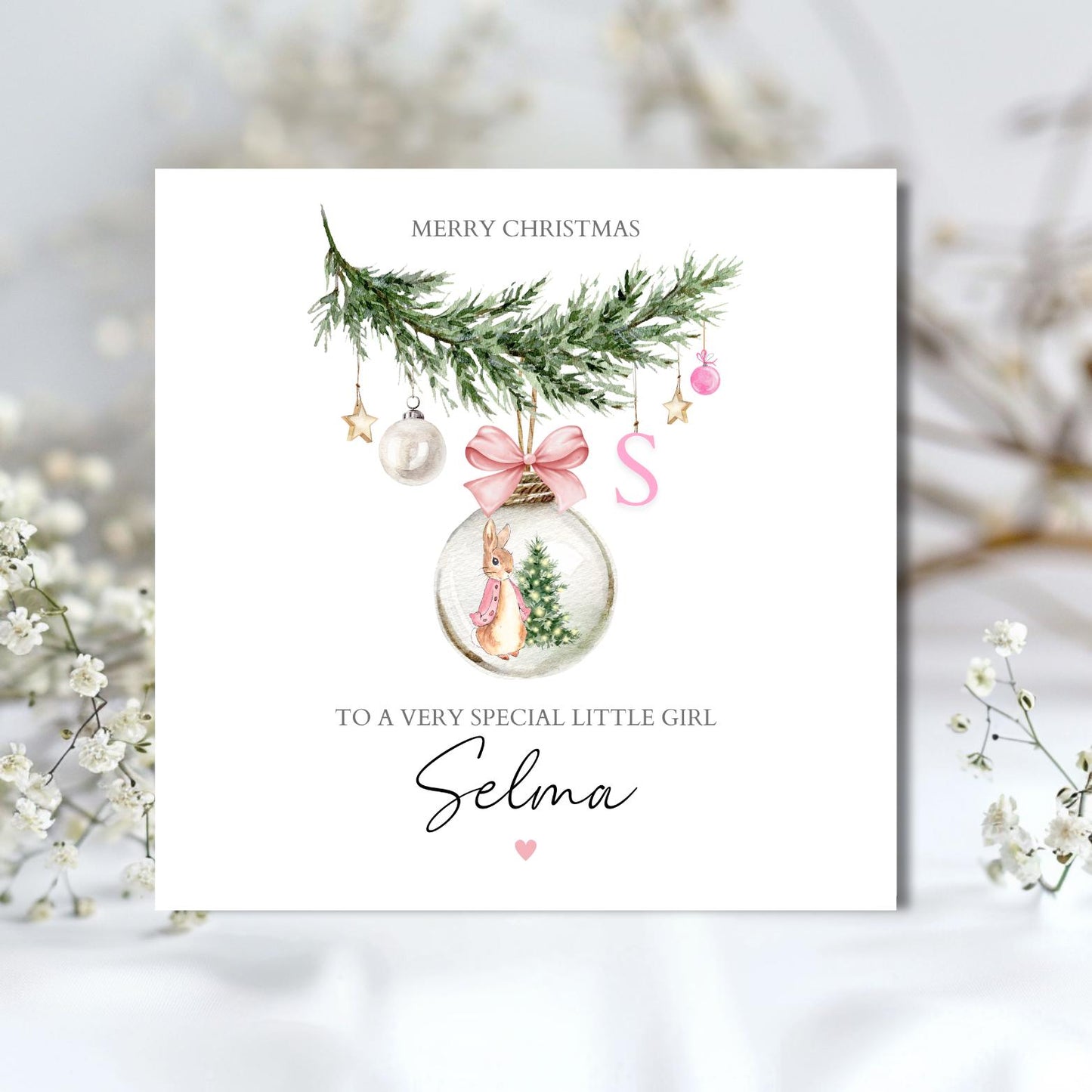 Personalised Peter Rabbit Christmas Card, 1st Christmas Card, Name Initial Card, Peter Rabbit Card for Daughter, Granddaughter Any Relation