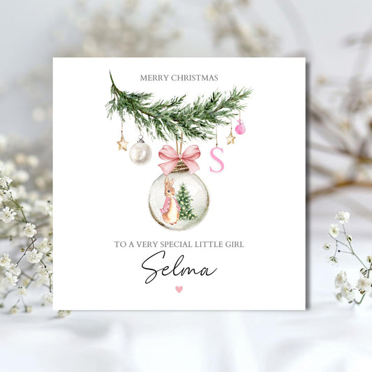 Personalised Peter Rabbit Christmas Card, 1st Christmas Card, Name Initial Card, Peter Rabbit Card for Daughter, Granddaughter Any Relation