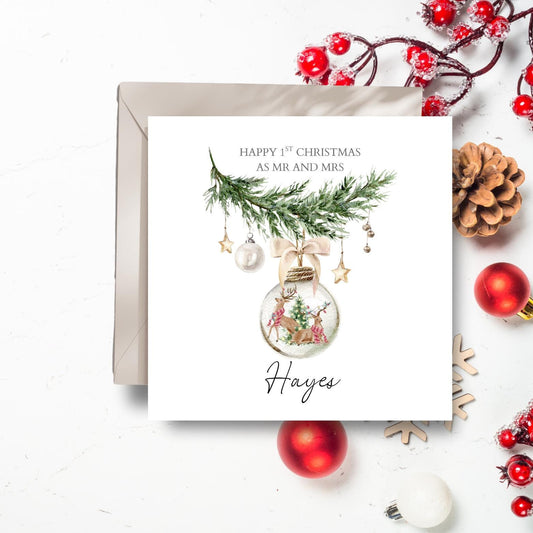 Personalised First Christmas as Mr & Mrs Card, Couple Christmas Card, Newlywed Couple Christmas Card, Couple Initials Bauble Christmas Card