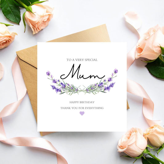 Personalised Mum Lavender Birthday Card - Purple Mum Birthday Card - Thank you Mum Card- Personalised Card For Mum