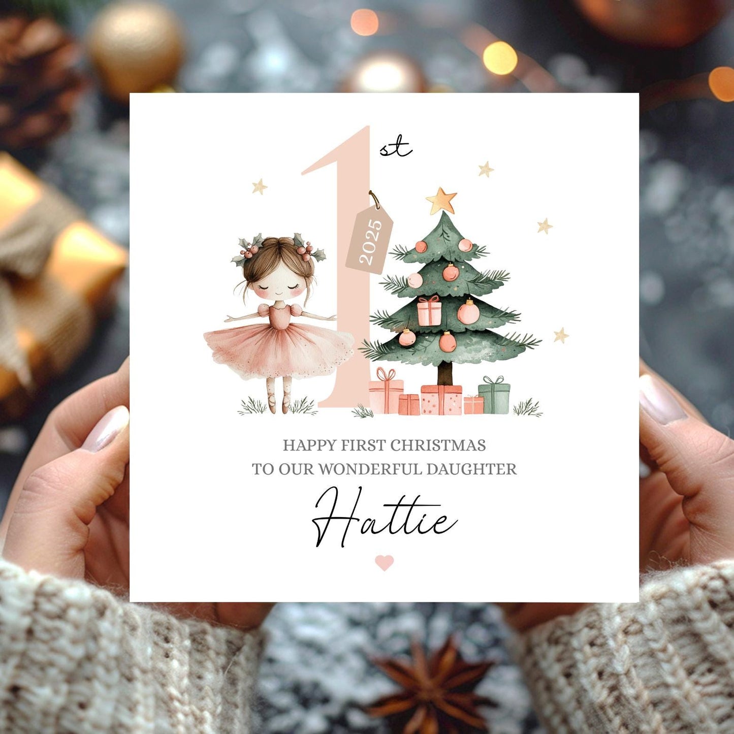 Personalised First Christmas Pink Ballerina Card| 1st Christmas Card for girl, Daughter xmas Card |Granddaughter Ballerina Christmas Card