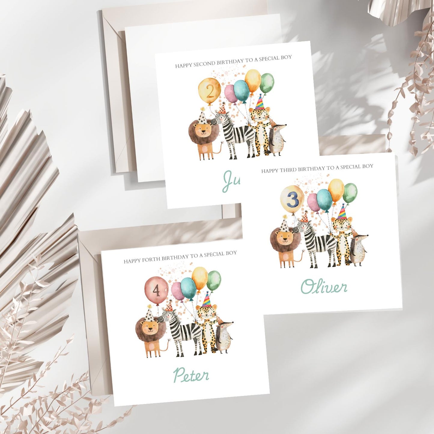 Personalised Son Second Birthday Card Safari Animals | 2nd. 3rd birthday Animals card | First Birthday Card for Boy, Any Age & Relation