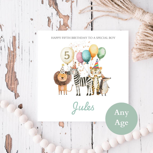 Personalised Son Second Birthday Card Safari Animals | 2nd. 3rd birthday Animals card | First Birthday Card for Boy, Any Age & Relation