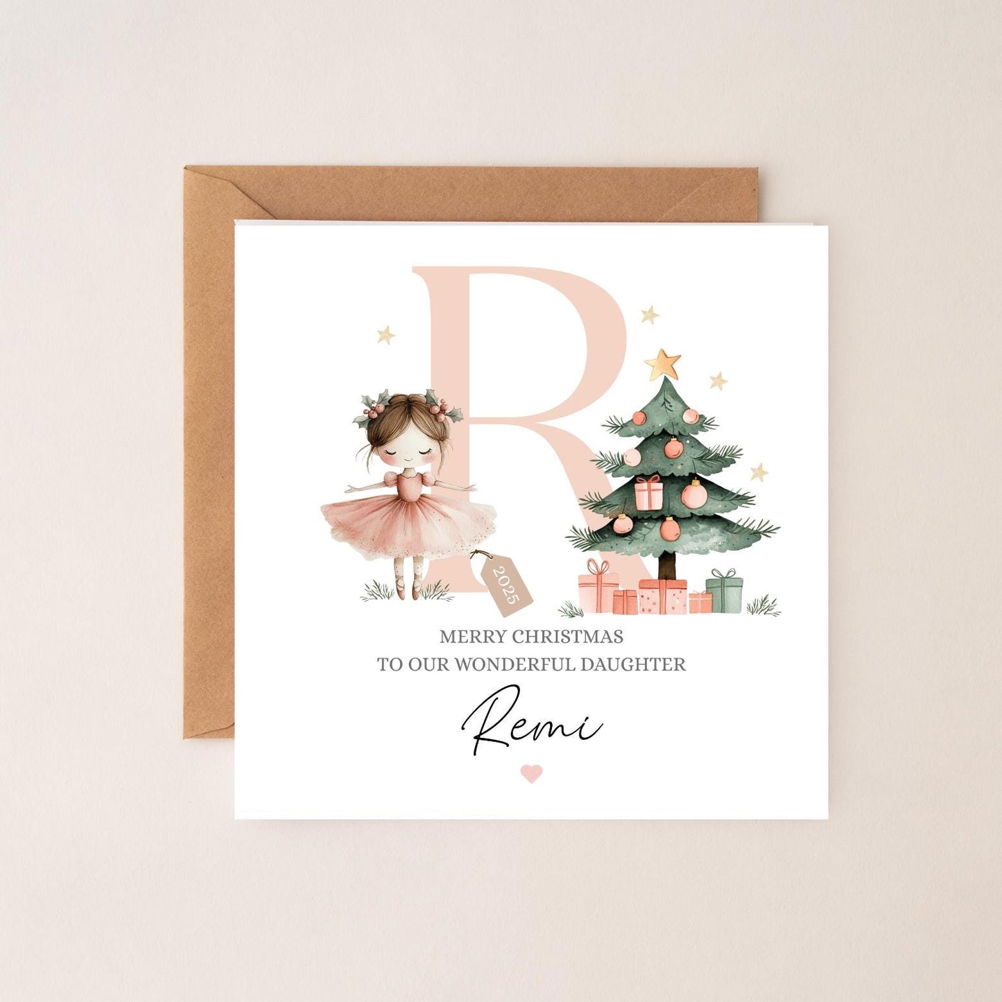 Personalised Girl Christmas Pink Ballerina Card| Christmas Card for girl, Daughter, Granddaughter |2025 Pink Christmas Card,Any Relation