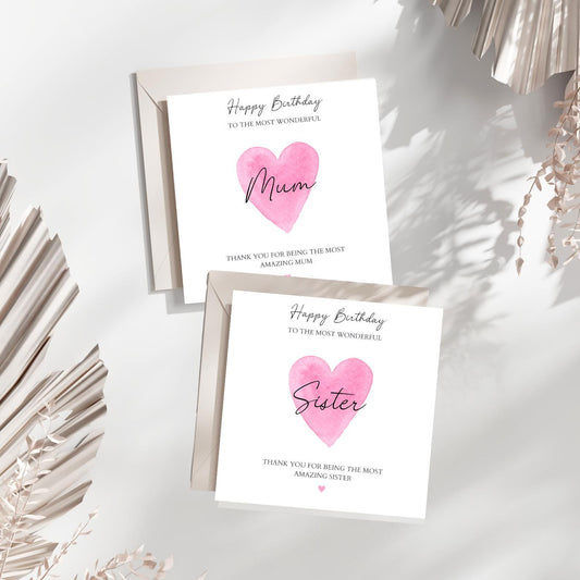 Personalised Mum Birthday Card - Pink Heart Birthday Card For Sister, Niece, Grandmother. Any Relation