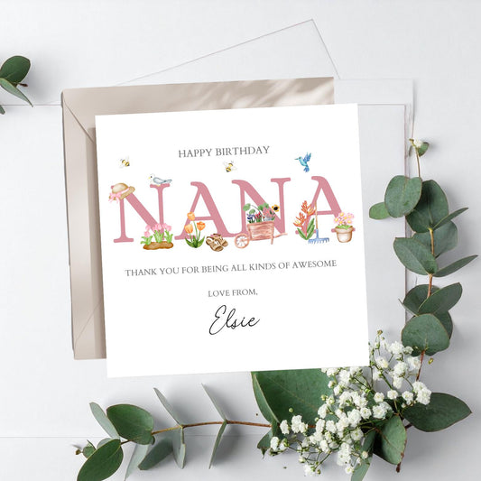 Personalised Grandma Birthday Card with gardening design | Nana gardening birthday card | Birthday Card for Grandmother, Nanny, Nana